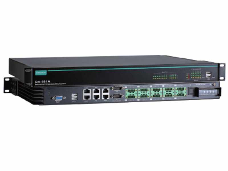 DA-681A - x86 1U 19-inch rackmount computers with 3rd Gen Intel® Core™ 
Celeron 1047UE 1.4GHz CPU, 2 isolated RS-232/422/485 and 10 isolated 
RS-485 ports, 6 LANs, VGA, mSATA, USB
