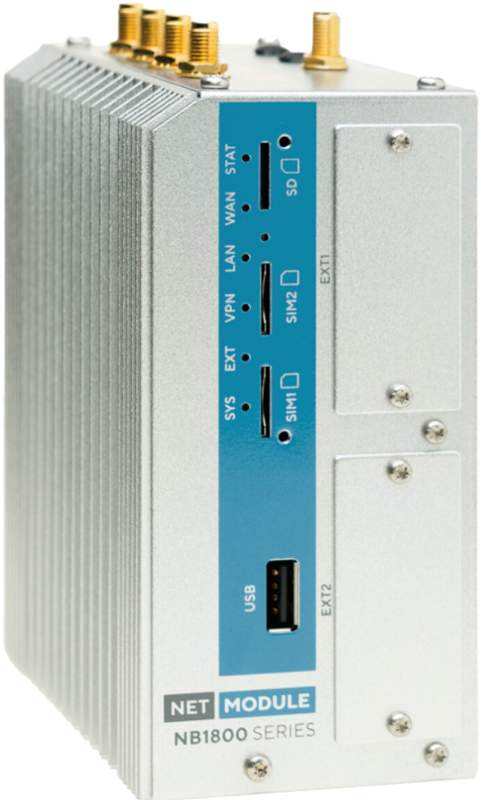 NB1800-LWac-G - Industrie-Router mit LTE + WLAN-ac + 2x GbE + SFP + GNSS. Leistungsstarker, modularer Mobilfunk-Router mit Gigabit Ethernet- und Glasfaser-Schnittstellen zur Vernetzung von schwer zugänglichen Orten.
