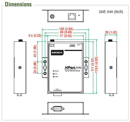 NPort P5150A dimension in mm (inch)